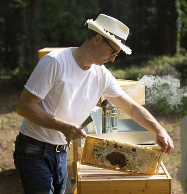 Der Imker Georg Fink zeigt das Innere eines Bienenstocks